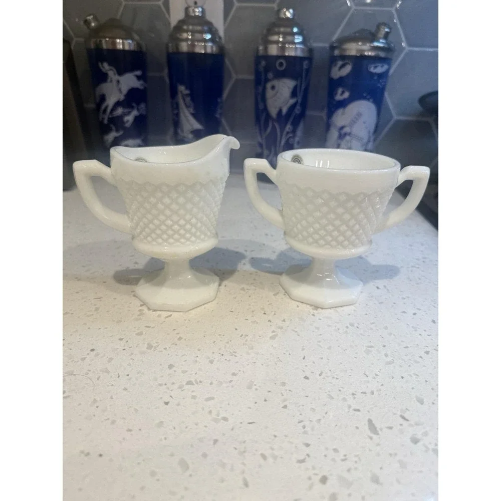 Westmoreland English Hobnail Diamond Creamer And Sugar STICKER Depression Glass
